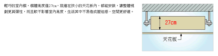 輕巧的室內機，機體高度僅27cm，就連在狹小的天花板內，都能很容易地安裝，加上輕量化設計，使機體在吊往天花板內的作業更便利。
